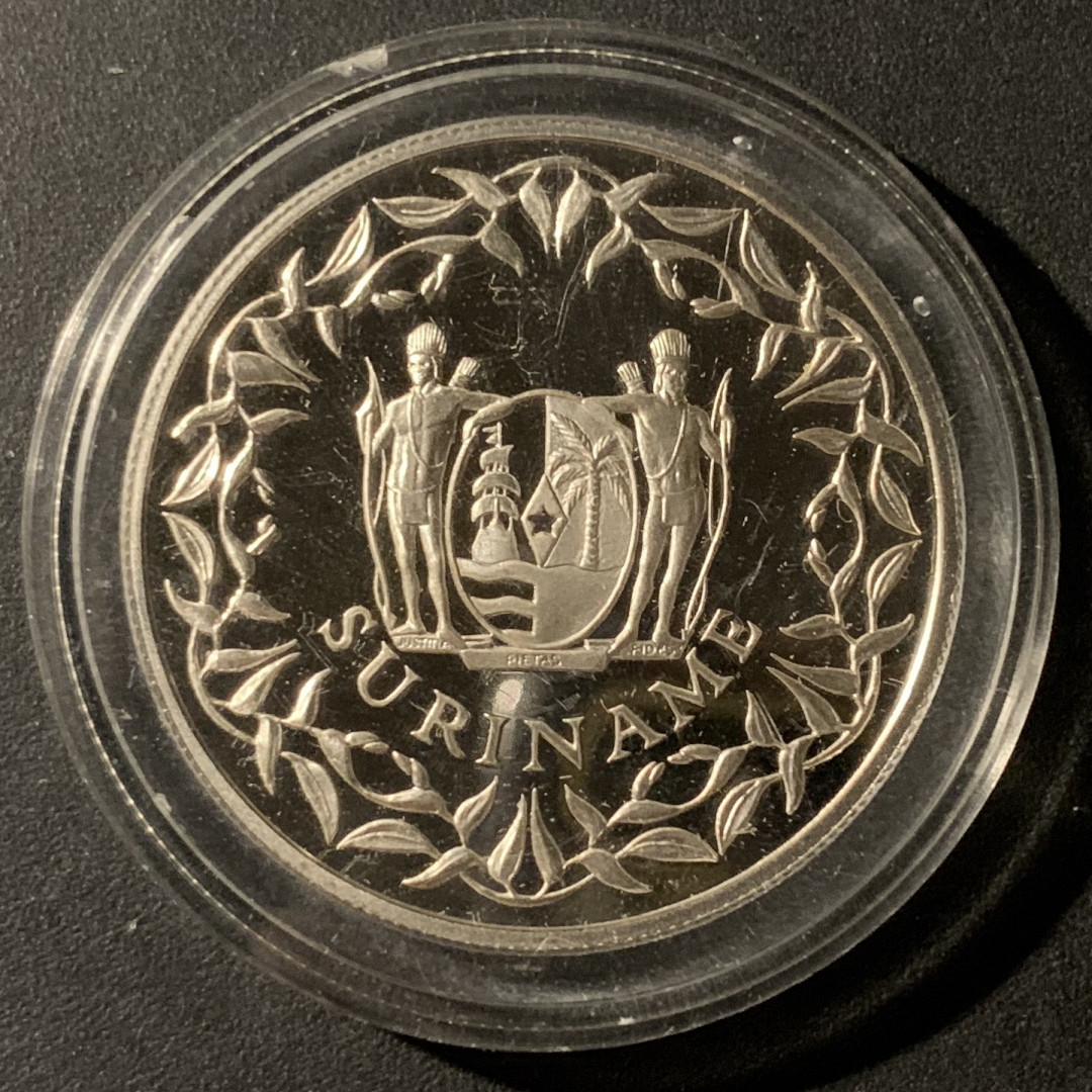 紫瑗钱币—微拍第37期  苏里南 1990年 意大利世界杯 25盾 28.28克 0.925银 精制