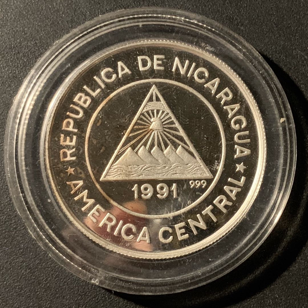 紫瑗钱币—微拍第37期  尼加拉瓜 1991年 意大利世界杯 10科多巴 27克 0.925银 精制