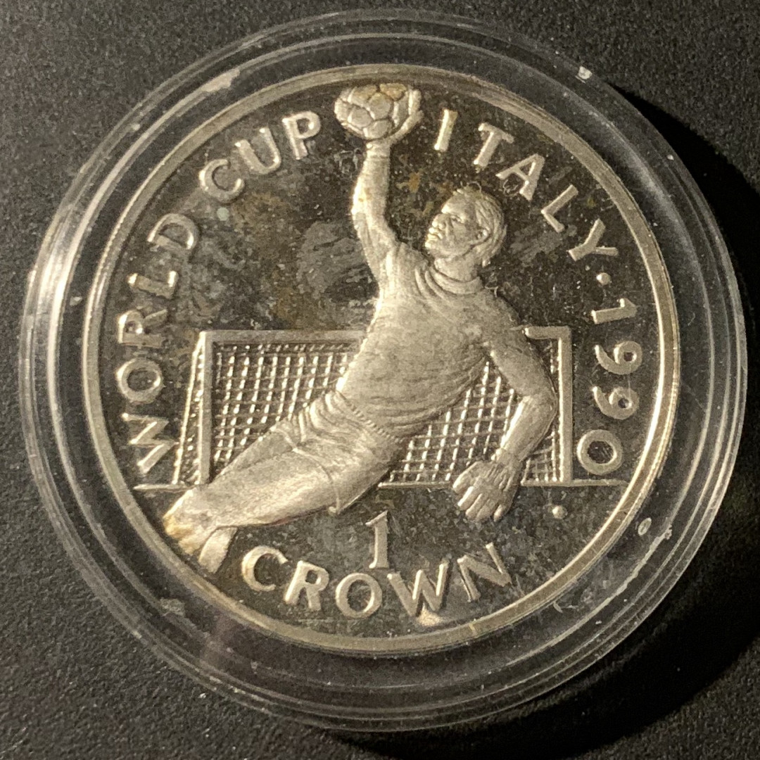 紫瑗钱币—微拍第37期  直布罗陀 1990年 世界杯 扑球 1克朗 28.28克 0.925银 精制