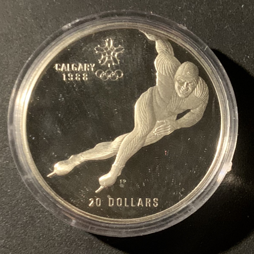 紫瑗钱币—微拍第37期  加拿大 1985年 卡尔加里冬奥运 短道速滑 20元 银币 34.1克 0.925银 精制