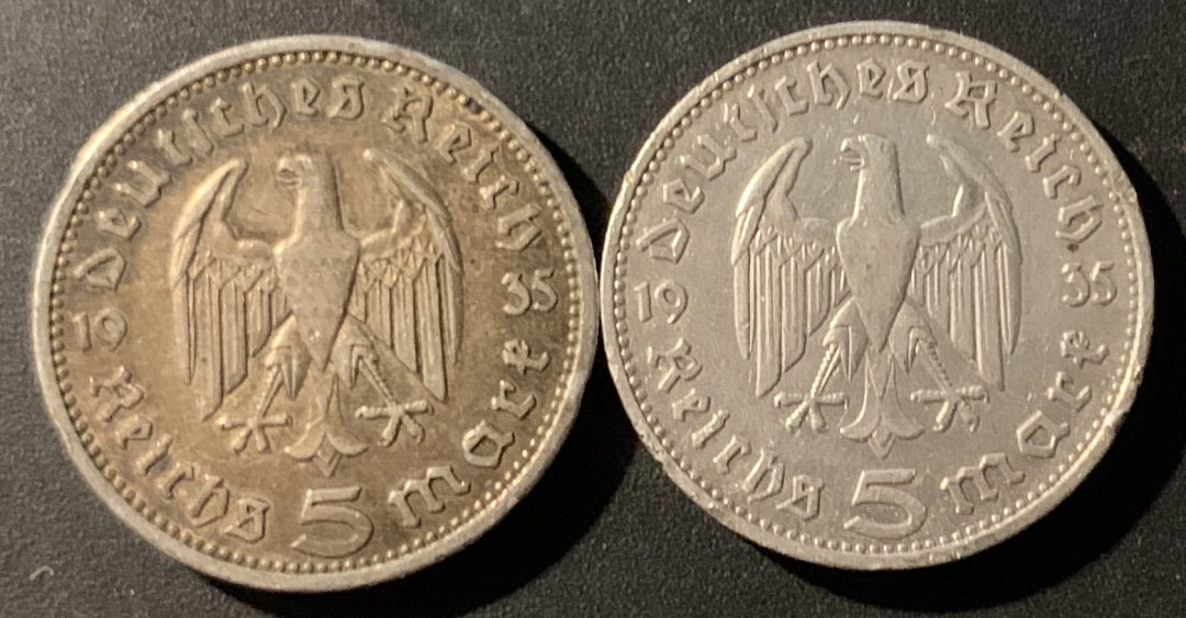 紫瑗钱币—微拍第38期  德国 1935年  兴登堡 5马克 2枚一组  0.9银 品如图