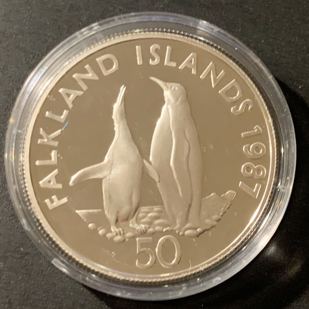 紫瑗钱币—微拍第38期  福克兰 1987年 WWF基金会 企鹅 50便士 28.28克 0.925银 精制