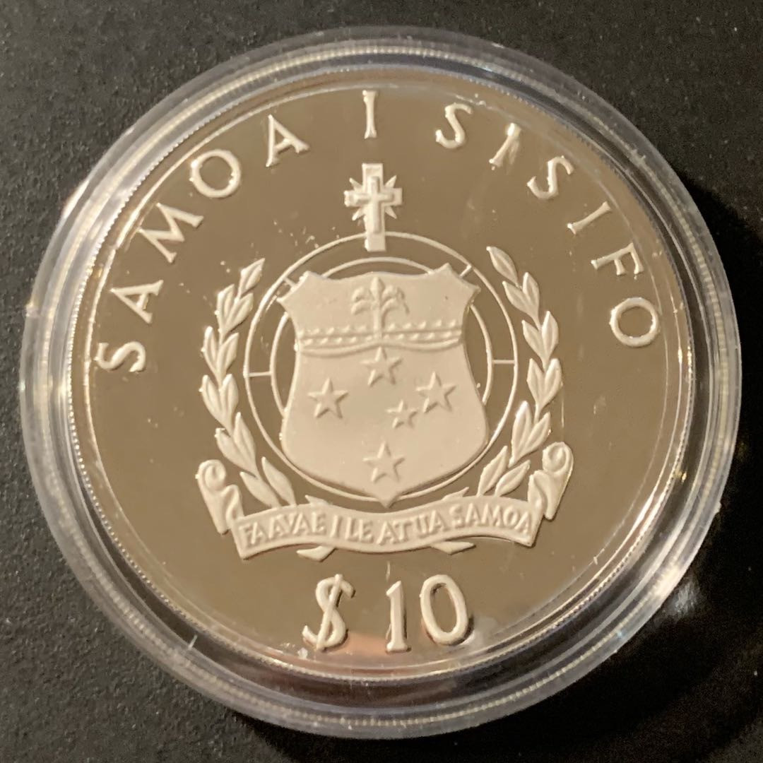 紫瑗钱币—微拍第38期  萨摩亚 1986年 WWF基金会25周年 长尾鸟 10元 28.28克 0.925银 精制
