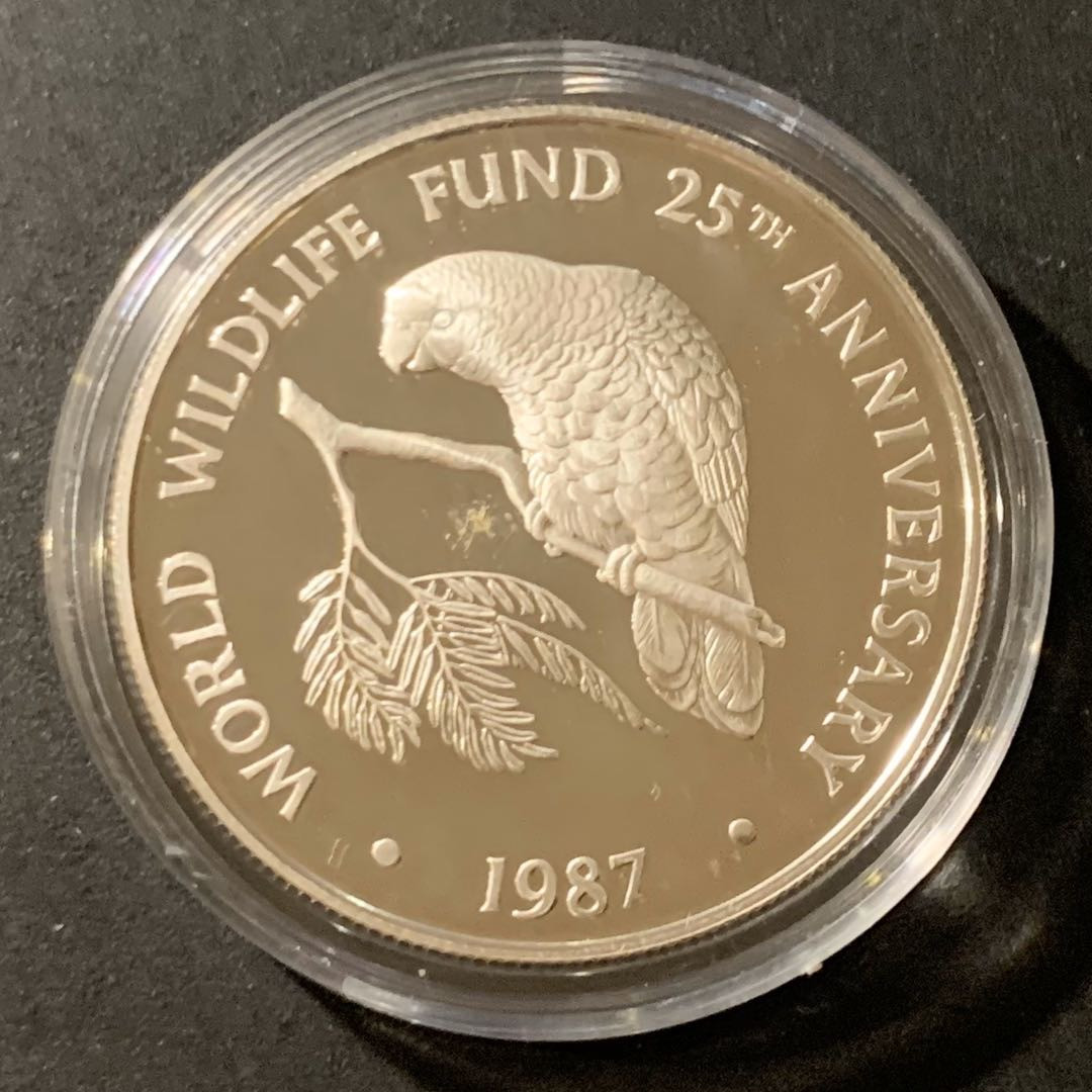 紫瑗钱币—微拍第38期  开曼群岛 1987年 WWF基金会25周年 金刚鹦鹉 5元 28.28克 0.925银 精制
