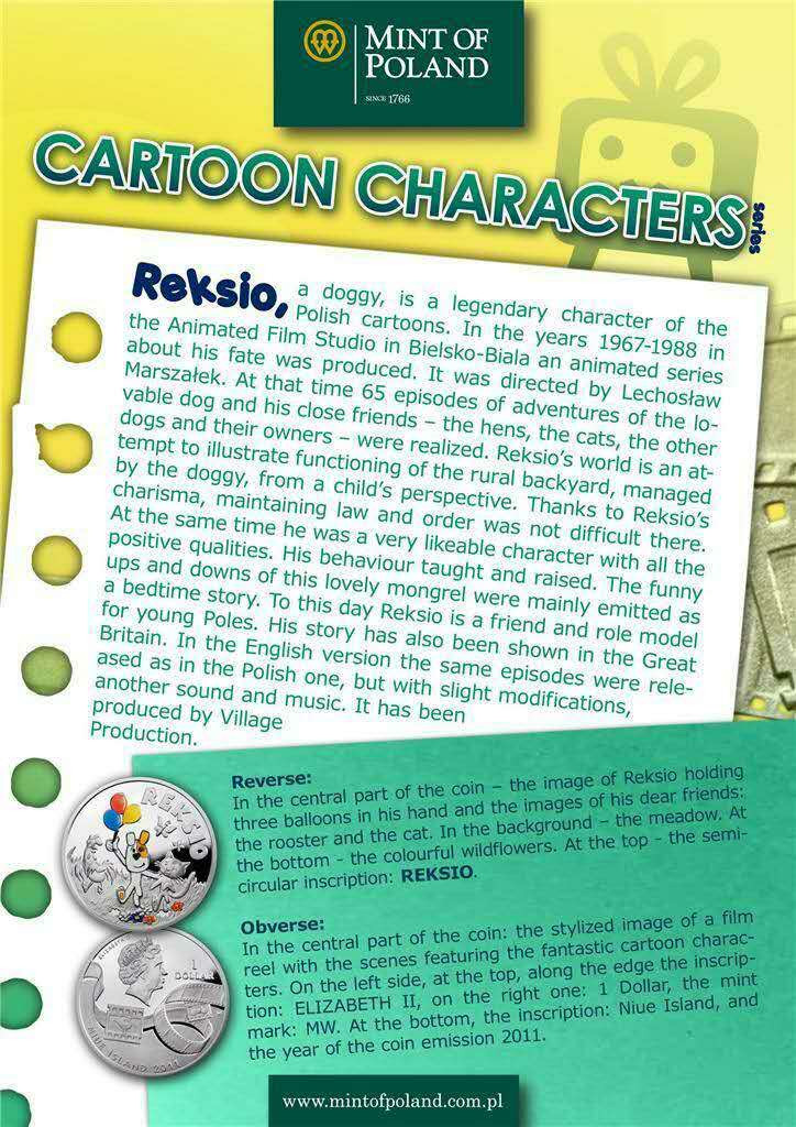 【币观天下】第101期钱币拍卖 【纽埃】纽埃2011年1元，世界最著名卡通系列-《雷克西奥历险记》主角“雷克西奥狗和它的猫朋鸡友”彩色精制艺术银币