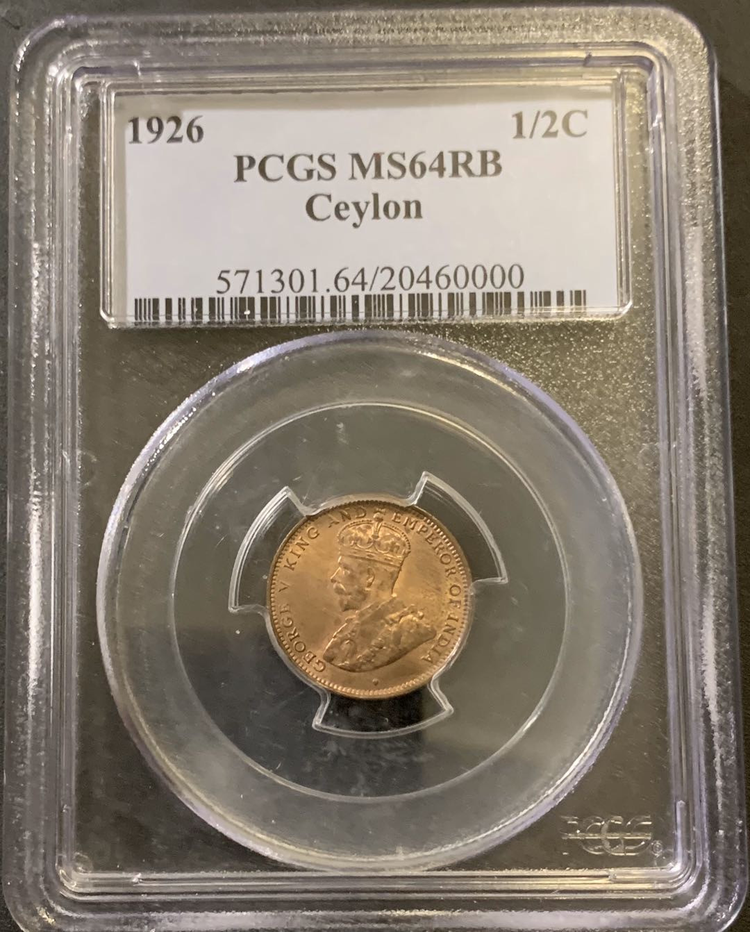 紫瑗钱币—微拍第38期  锡兰 1926年 乔治五世 1/2分 PCGS MS64 RB