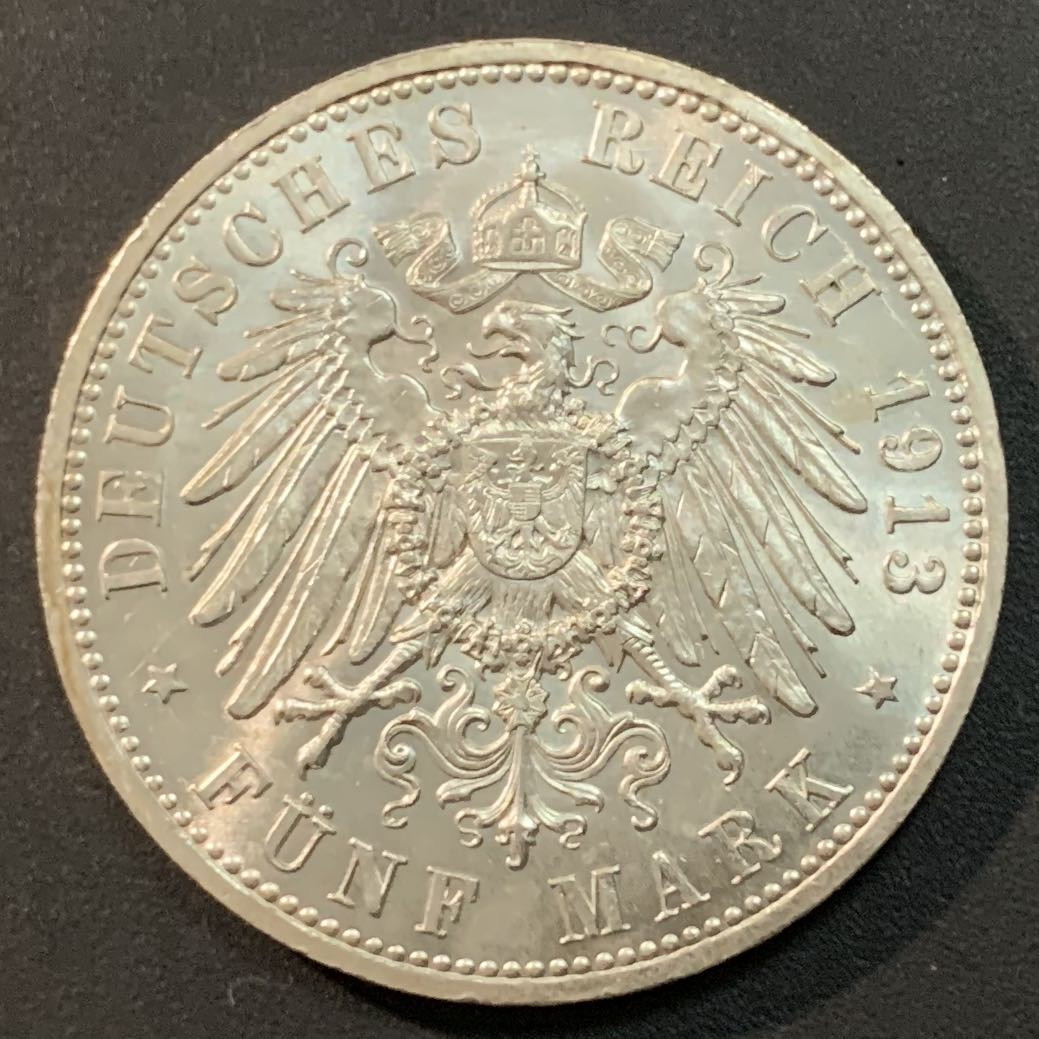 紫瑗钱币—微拍第38期  德国 普鲁士 1913年 军装 5马克 27.78克 0.9银 UNC 品相