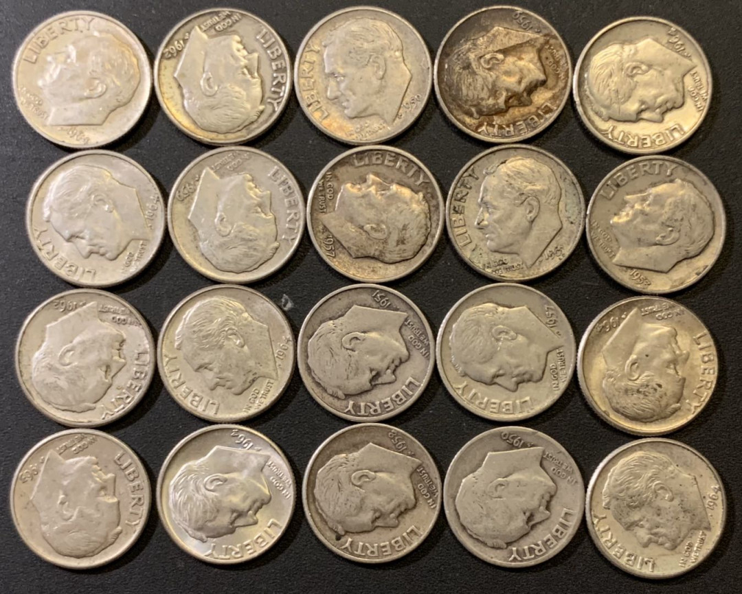 紫瑗钱币—微拍第38期  美国 1946—1964年 罗斯福 10美分 银币 20枚一组 共50克 0.9银