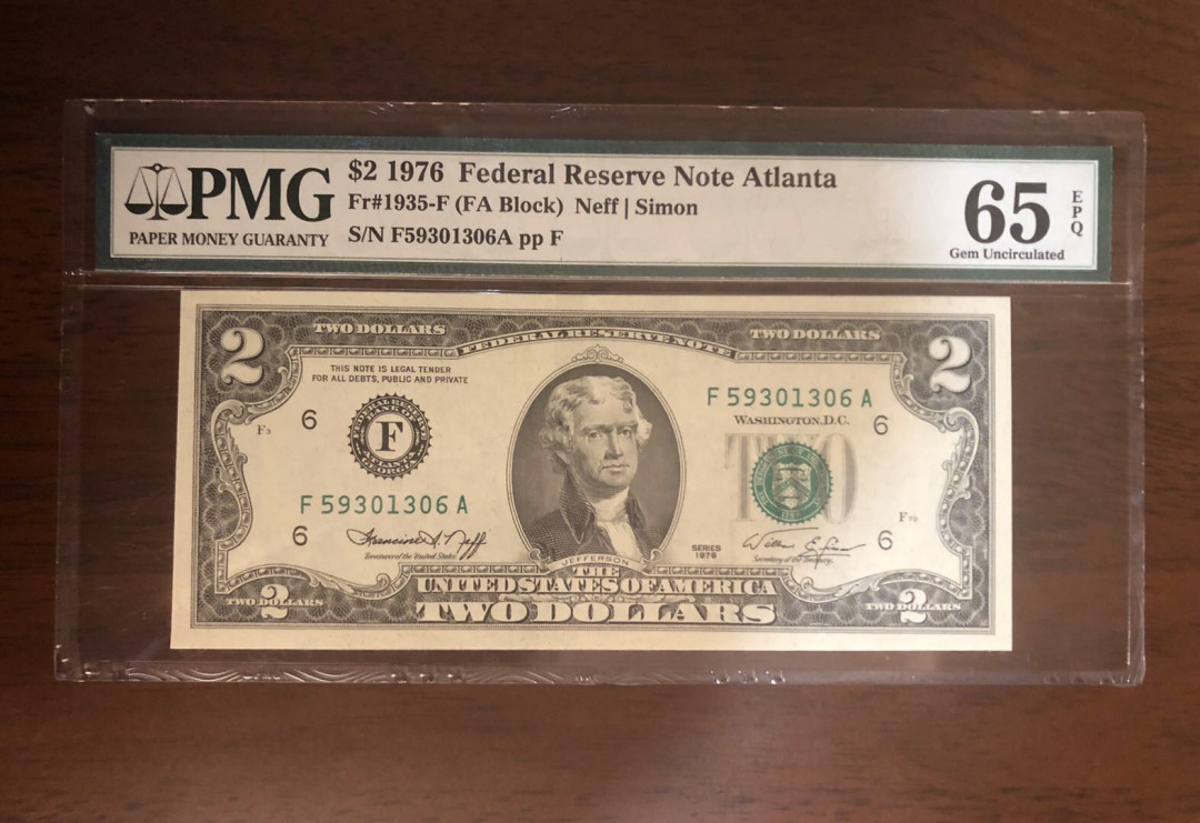 【鲸贝乐淘】千字文·第“岂敢毁伤”号拍卖 美国🇺🇸1976年2元，pmg65