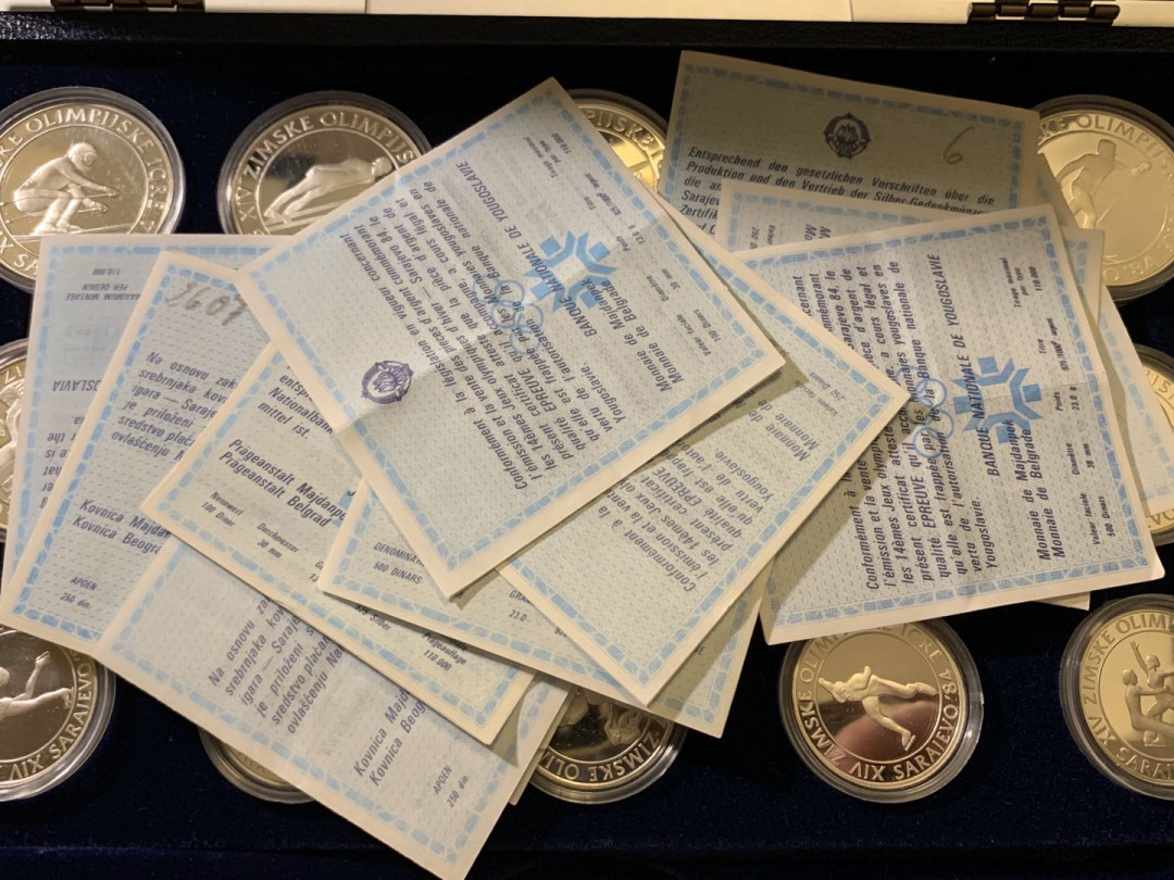 紫瑗钱币—微拍第38期  南斯拉夫 1984 萨拉热窝冬奥会 15枚 大全套 原盒证书 共265克 0.925银 精制