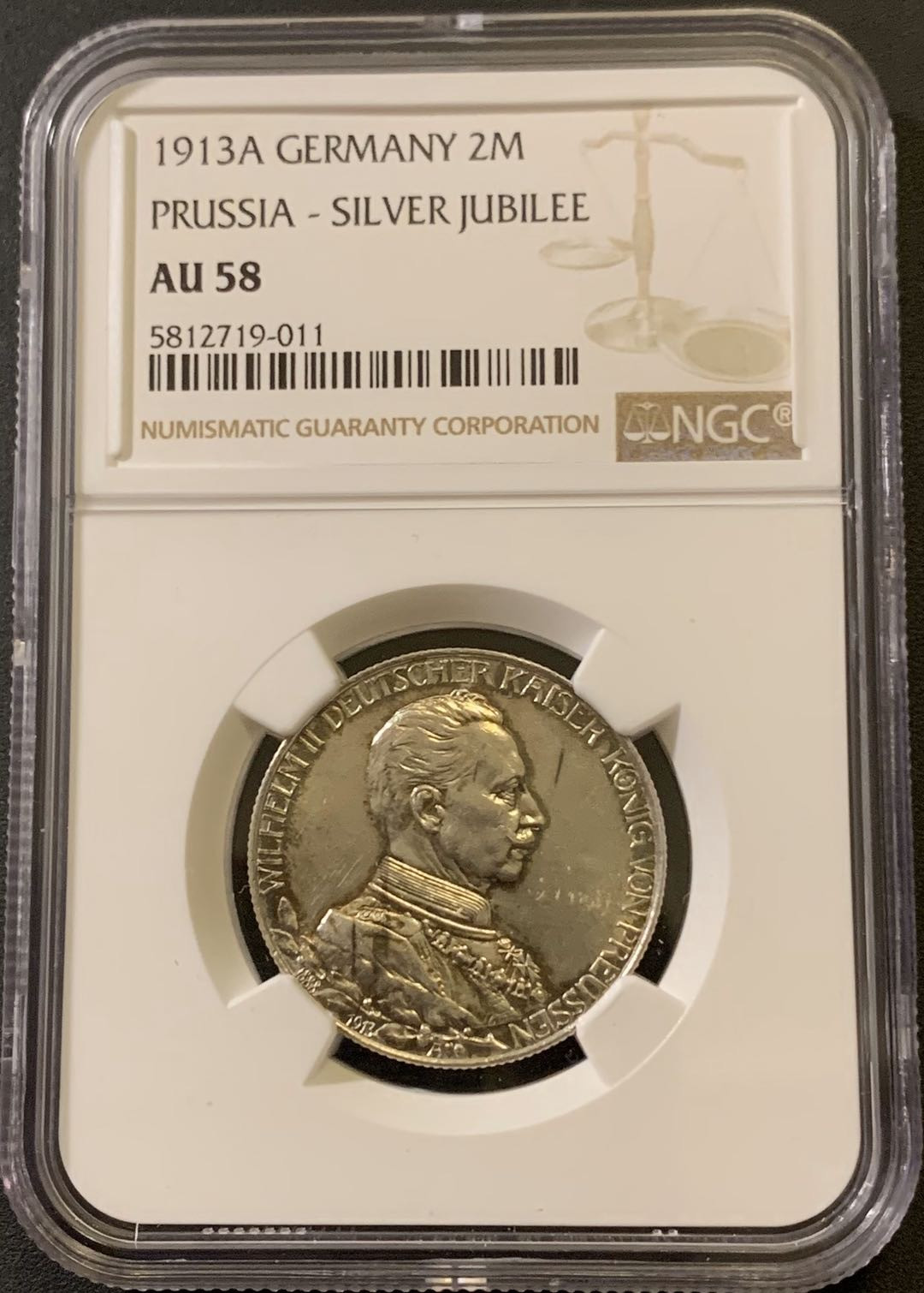 紫瑗钱币—微拍第38期  德国 普鲁士 1913年 军装 2马克 NGC AU58