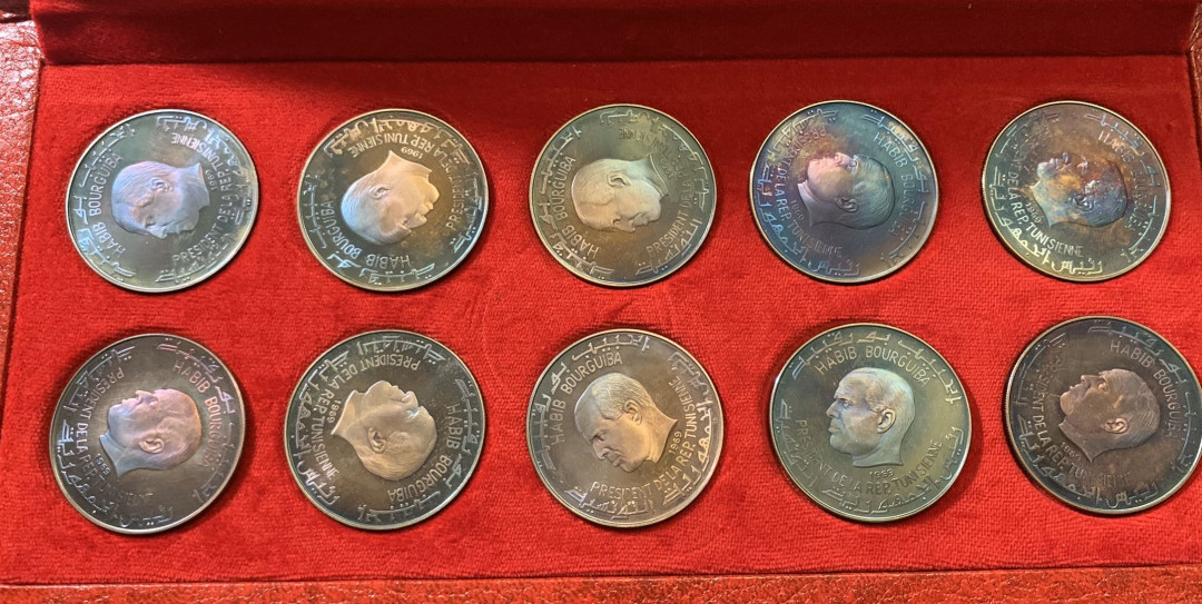 紫瑗钱币—微拍第38期  突尼斯 1969年 迦太基文明 全套10枚 大银币 共200克 0.925银 原盒证书 