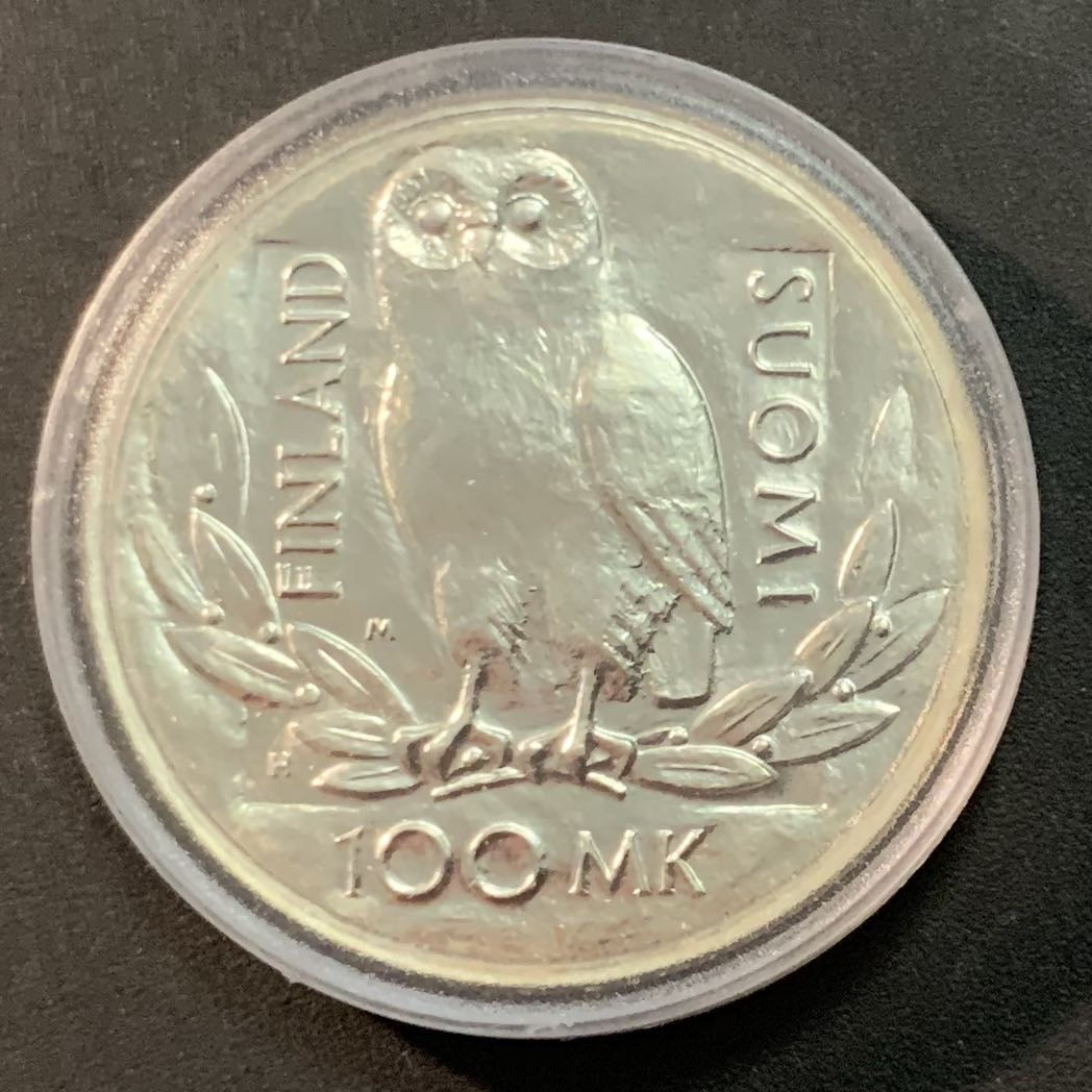 紫瑗钱币—微拍第38期  芬兰 1990年  赫尔辛基大学 猫头鹰 100马克 24克 0.925银