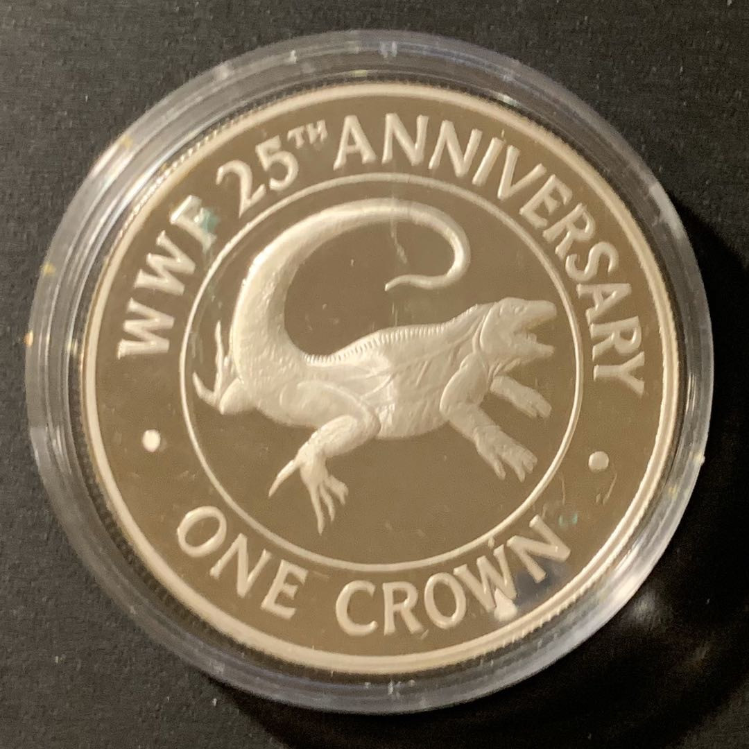 紫瑗钱币—微拍第38期  特克斯与凯恩斯 1988年 WWF25周年 特克斯巨蜥 1克朗 28.28克 0.925银 精制