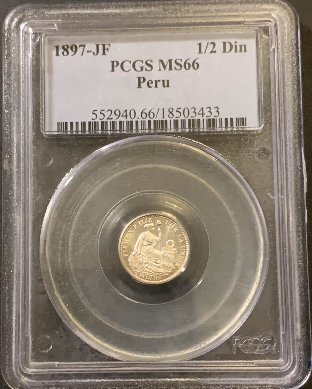 紫瑗钱币—微拍第38期  秘鲁 1897年 坐人 1/2D  PCGS MS66
