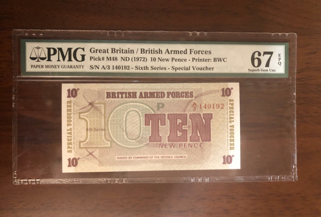 【鲸贝乐淘】千字文·第“岂敢毁伤”号拍卖 英国🇬🇧军票，1972年10，pmg67