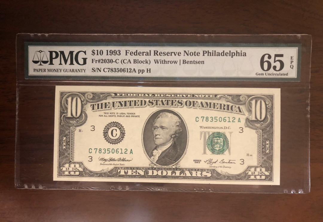 【鲸贝乐淘】千字文·第“岂敢毁伤”号拍卖 美国🇺🇸1993年10美元，pmg65