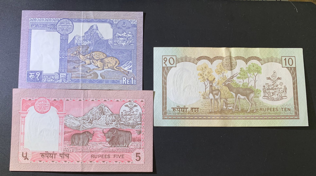 紫瑗钱币—微拍第39期—纸币场 尼泊尔 1 5 10 卢比  3枚一组 流通品