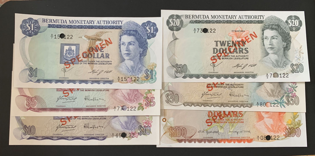 紫瑗钱币—微拍第39期—纸币场 百慕大 1984年 1—100元 6枚全 样钞 UNC （尾22）
