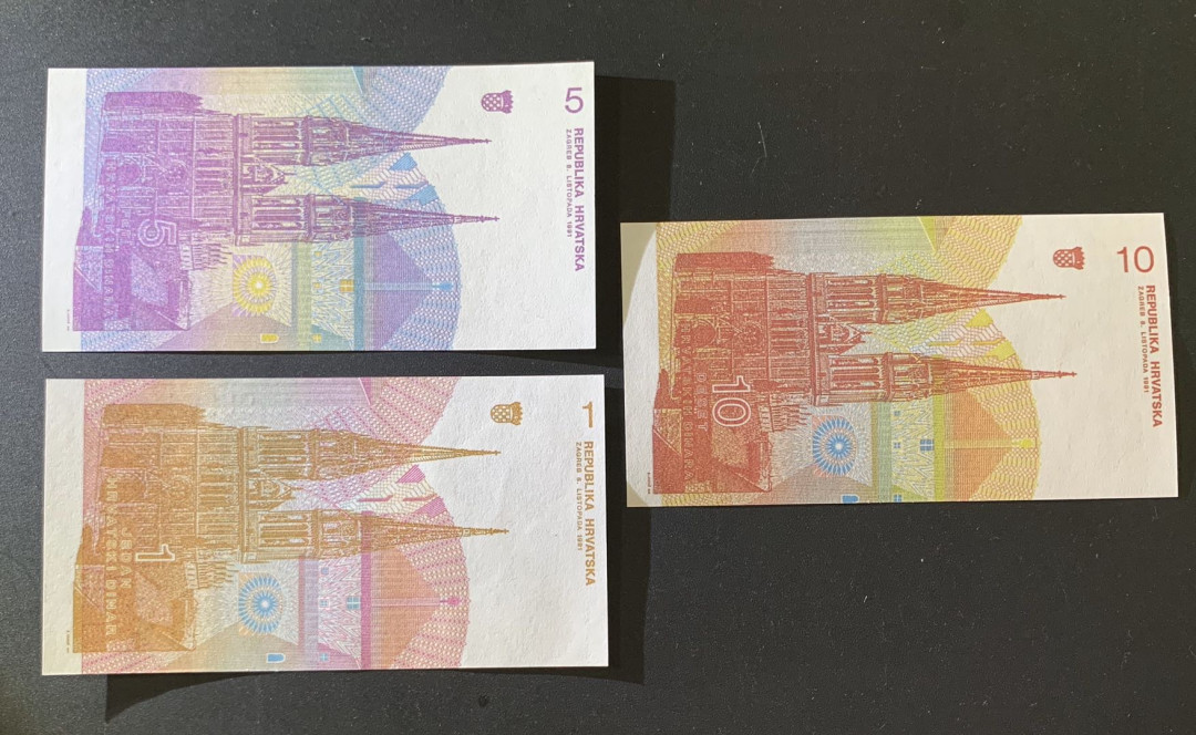 紫瑗钱币—微拍第39期—纸币场 克罗地亚 1—10第纳尔 3枚一组 UNC