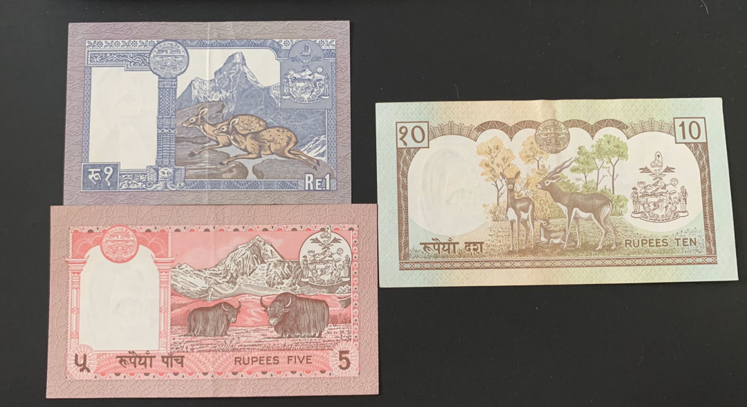 紫瑗钱币—微拍第39期—纸币场 尼泊尔 1 5 10 卢比  3枚一组 流通品