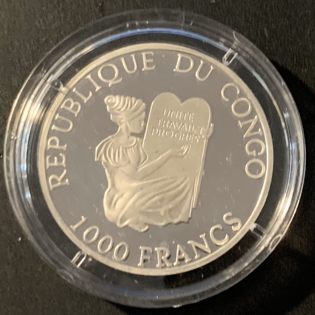 紫瑗钱币—微拍第40期  刚果 1997年 98世界杯 1000法郎 15克 0.999银 精制