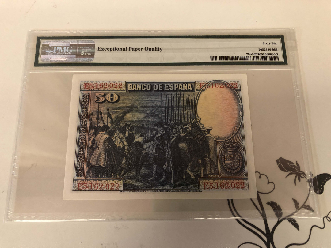 【收藏联盟】第129期拍卖——撒哈拉的黑珍珠（共50拍） 西班牙 1928年 50比塞塔 p75c PMG66EPQ 经典