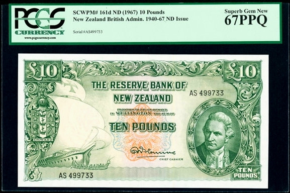 【收藏联盟】第129期拍卖——撒哈拉的黑珍珠（共50拍） 新西兰 1967年 10镑 PCGS67EPQ 高分大票幅 精美 次高值