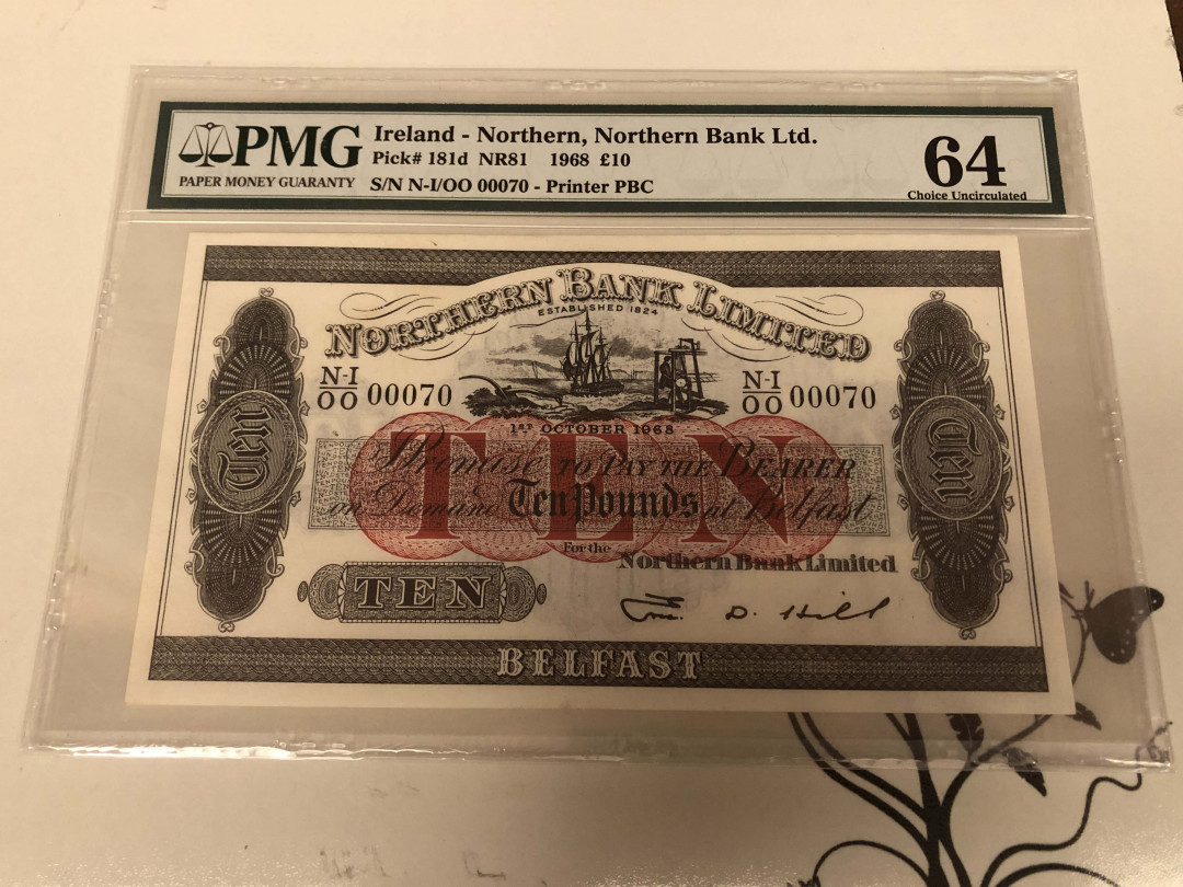 【收藏联盟】第129期拍卖——撒哈拉的黑珍珠（共50拍） 【70号小号】北爱尔兰 1968年 10镑 PMG64 稀少