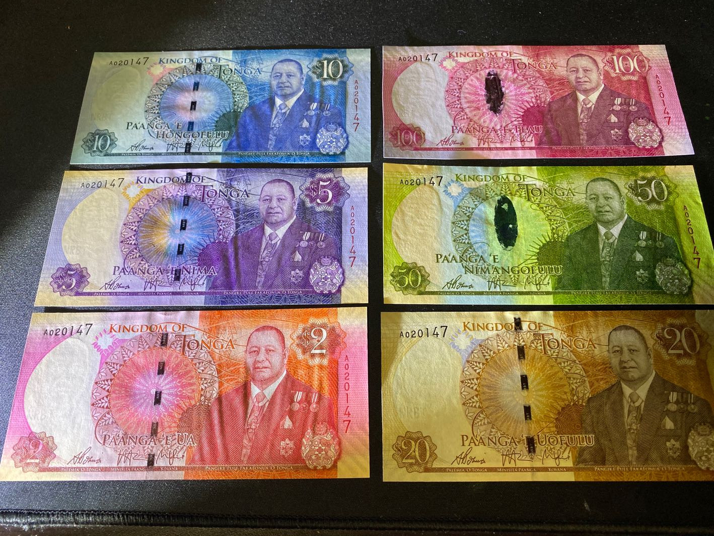 【收藏联盟】第129期拍卖——撒哈拉的黑珍珠（共50拍） 【一张6张A冠全同号】汤加 2015年 2-100番加 全新UNC 