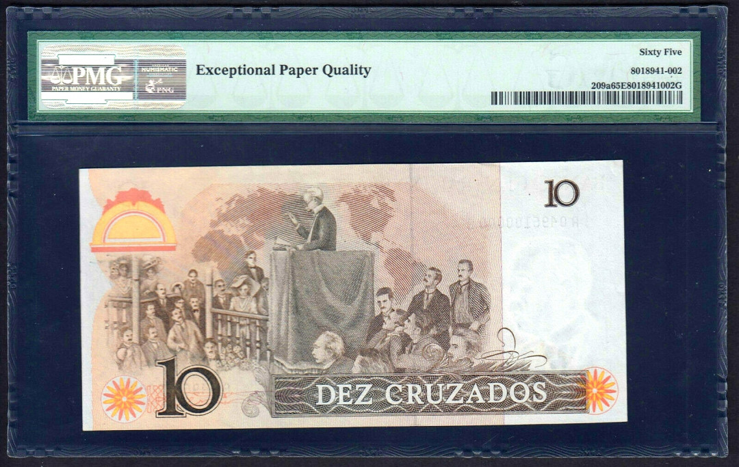 【收藏联盟】第129期拍卖——撒哈拉的黑珍珠（共50拍） 【老虎号00000】AA冠巴西 1986年 10克鲁塞罗 p209a PMG65EPQ