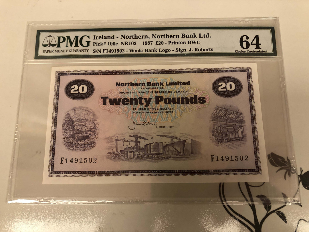 【收藏联盟】第129期拍卖——撒哈拉的黑珍珠（共50拍） 北爱尔兰 1987年 20镑 PMG64 BWC出品 