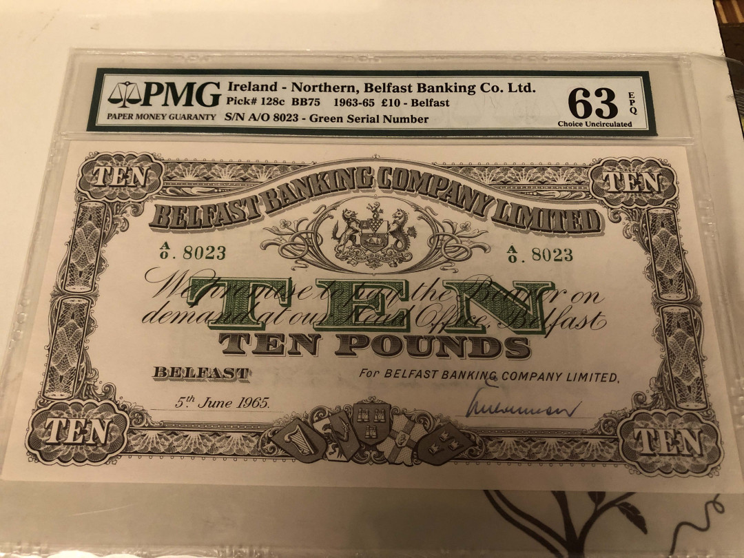 【收藏联盟】第129期拍卖——撒哈拉的黑珍珠（共50拍） 北爱尔兰 1963-65年 10镑 PMG63EPQ 只有4位号 非常稀少 超大票幅