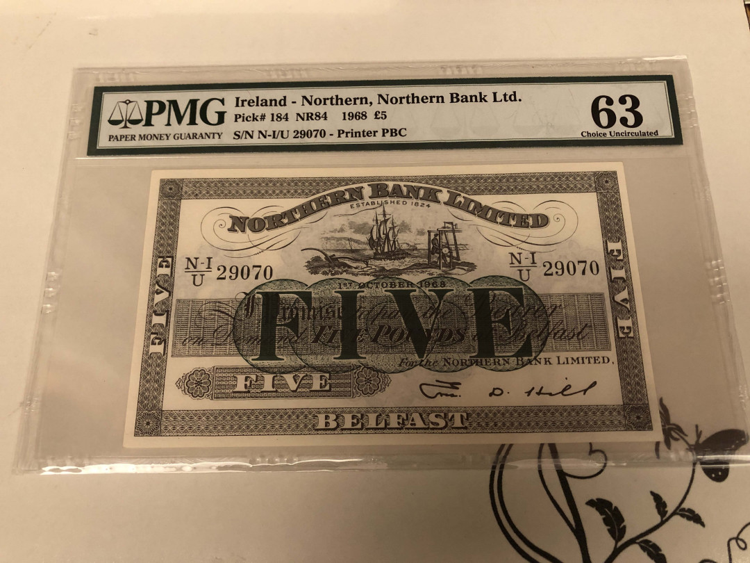 【收藏联盟】第129期拍卖——撒哈拉的黑珍珠（共50拍） 北爱尔兰 1968年 5镑 PMG63稀少