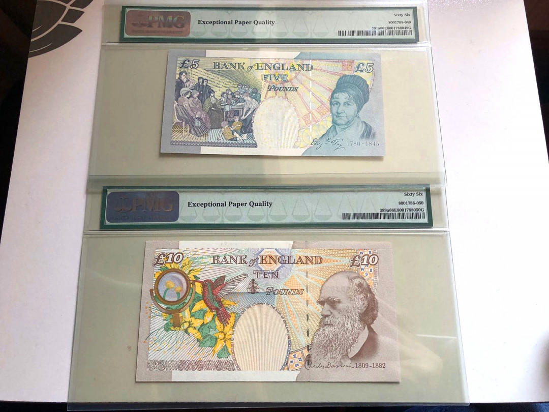 【收藏联盟】第129期拍卖——撒哈拉的黑珍珠（共50拍） 【首发冠全同262小号 小雷达号】英国 1999-2006年 5-10-20-50镑 PMG66EPQ 同分同号