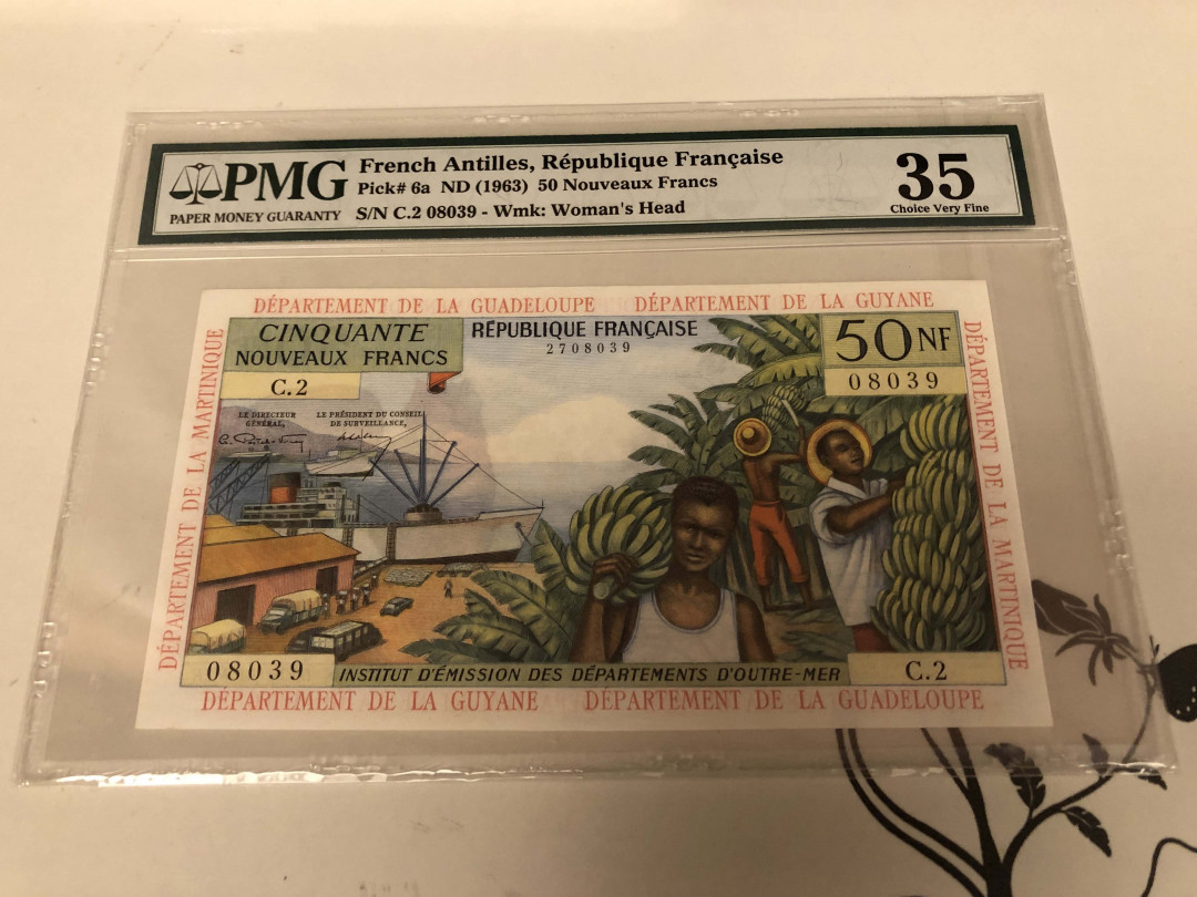 【收藏联盟】第129期拍卖——撒哈拉的黑珍珠（共50拍） 法属安的列斯 1963年 50新法郎 PMG35 p6a 性价比 非常漂亮