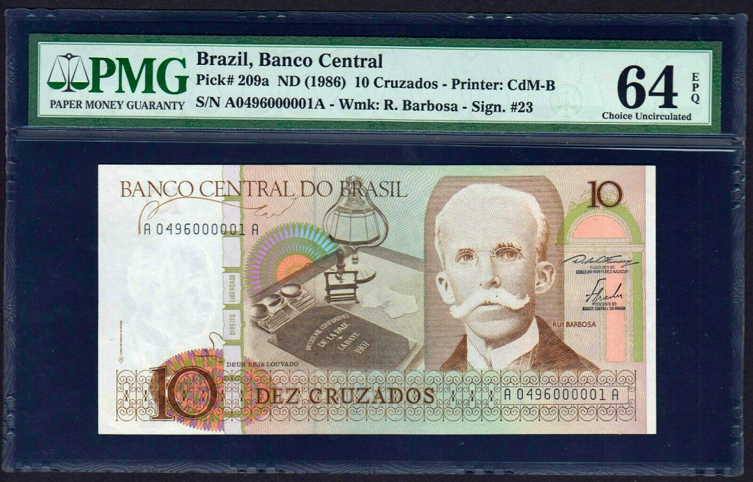 【收藏联盟】第129期拍卖——撒哈拉的黑珍珠（共50拍） 【000001号】AA冠巴西 1986年 10克鲁塞罗 p209a PMG64EPQ  PMG背标1号 前面是序列号