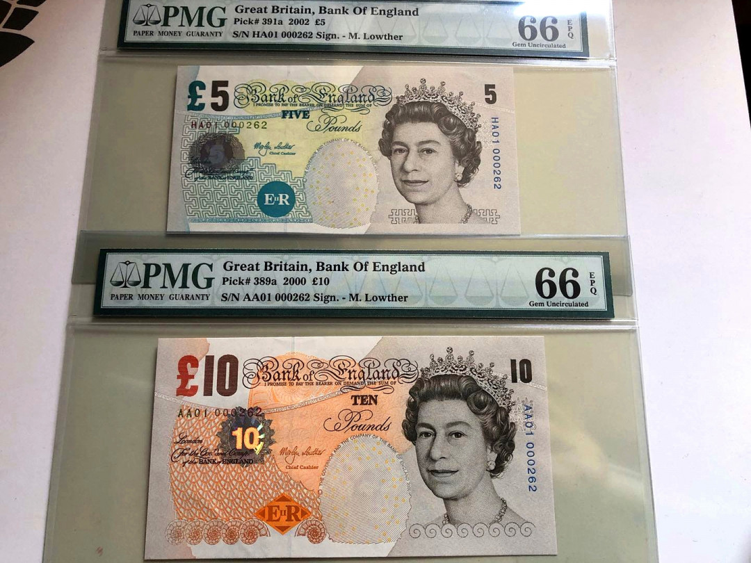 【收藏联盟】第129期拍卖——撒哈拉的黑珍珠（共50拍） 【首发冠全同262小号 小雷达号】英国 1999-2006年 5-10-20-50镑 PMG66EPQ 同分同号