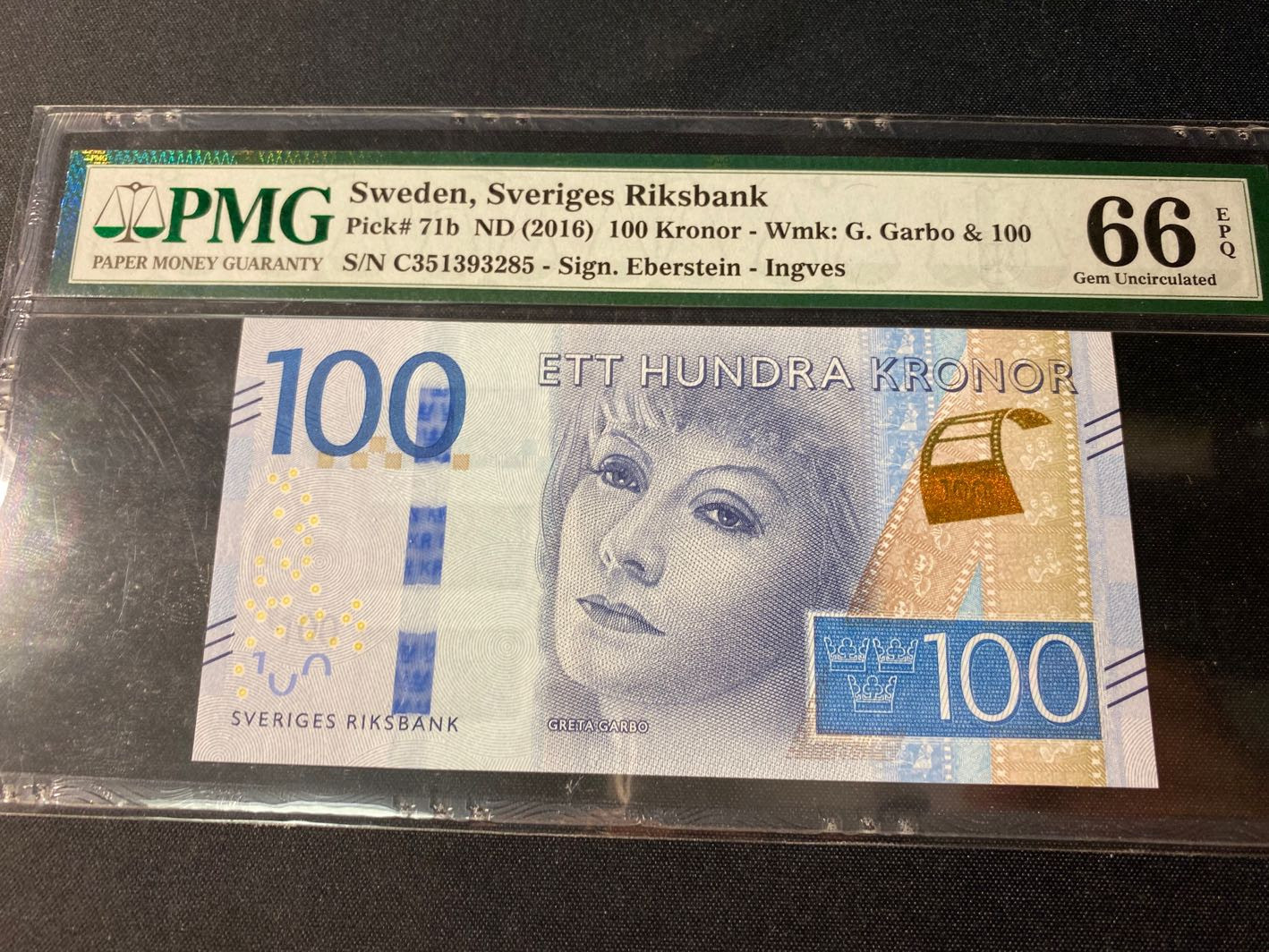 【收藏联盟】第129期拍卖——撒哈拉的黑珍珠（共50拍） 瑞典 2016年 100克朗 p71b PMG66EPQ 影星葛丽泰-嘉宝