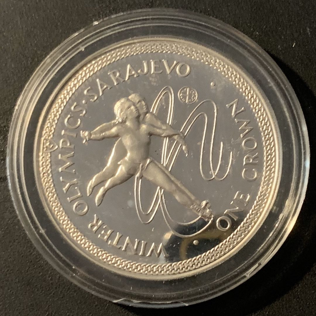 紫瑗钱币—微拍第40期  马恩岛 1984年 洛杉矶奥运会  艺术体操 1克朗 28.28克 0.925银 精制