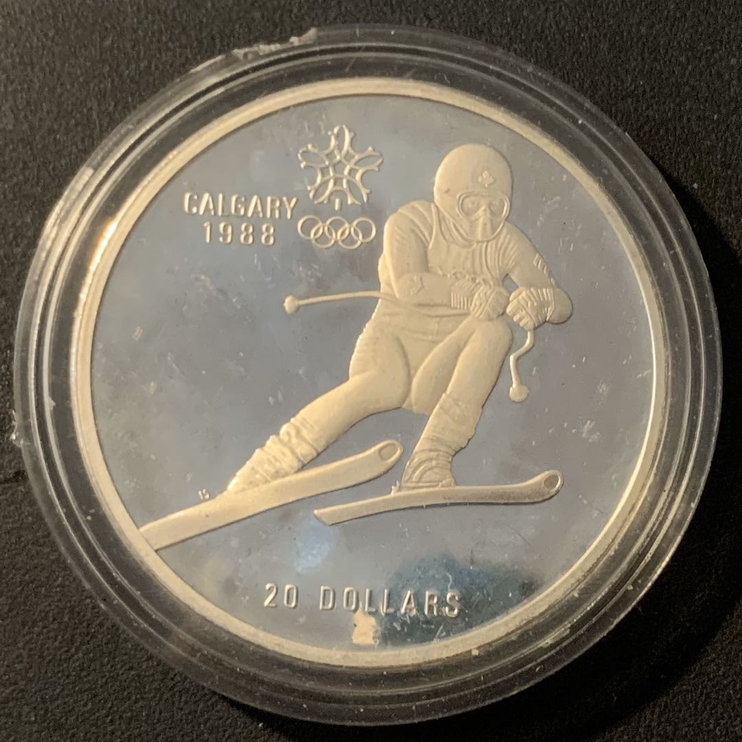 紫瑗钱币—微拍第40期  加拿大 1985年 卡尔加里冬奥运 越野滑雪 20元 银币 34.1克 0925银 精制