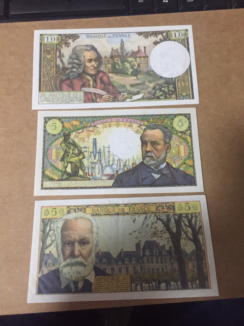 【收藏联盟】第129期拍卖——撒哈拉的黑珍珠（共50拍） 【一组3张】法国 5（新）法郎-10法郎 XF+ 品相 经典雨果、巴斯德、伏尔泰