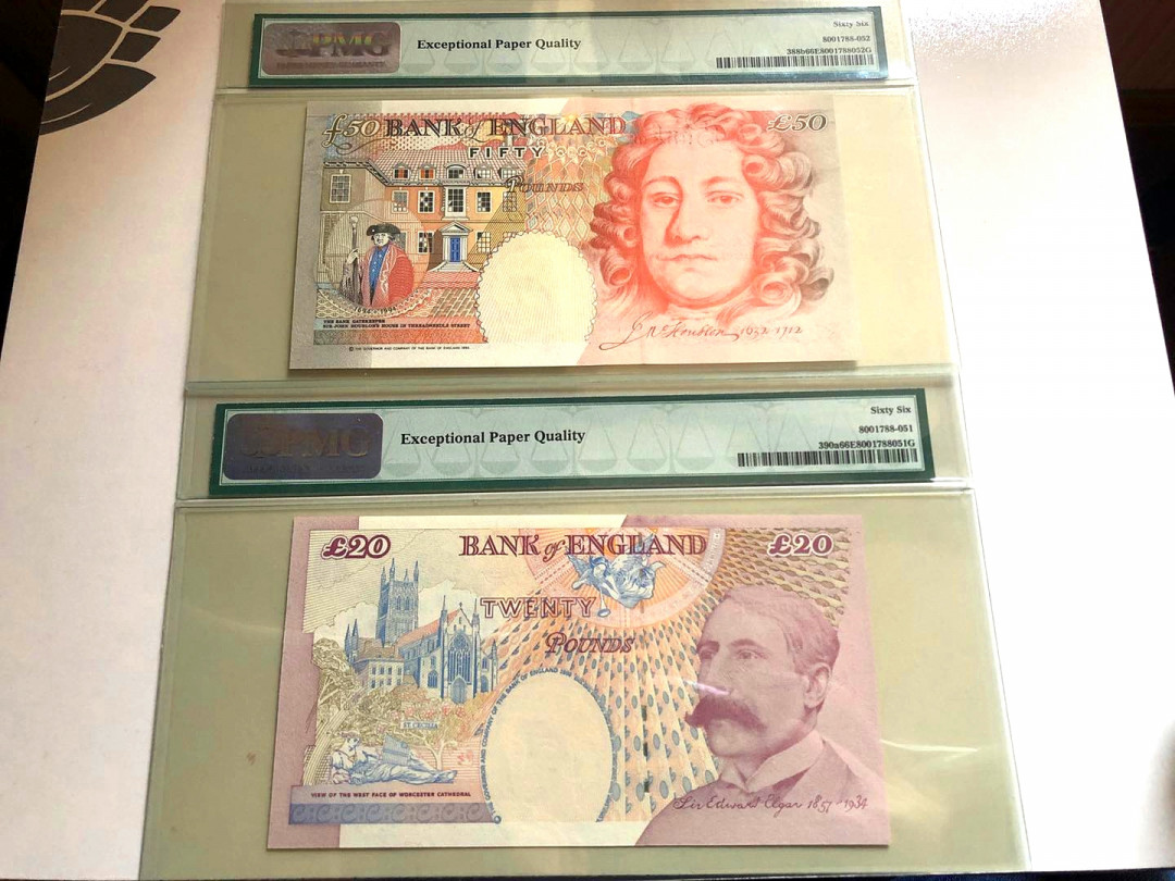 【收藏联盟】第129期拍卖——撒哈拉的黑珍珠（共50拍） 【首发冠全同262小号 小雷达号】英国 1999-2006年 5-10-20-50镑 PMG66EPQ 同分同号