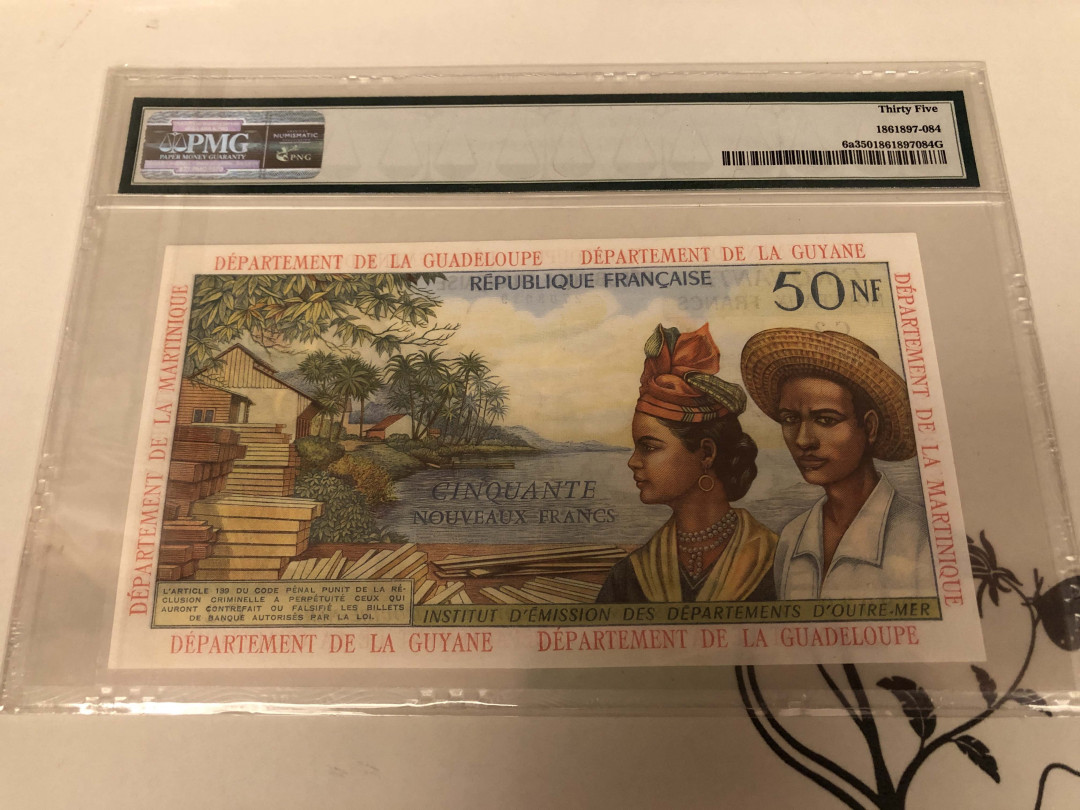 【收藏联盟】第129期拍卖——撒哈拉的黑珍珠（共50拍） 法属安的列斯 1963年 50新法郎 PMG35 p6a 性价比 非常漂亮