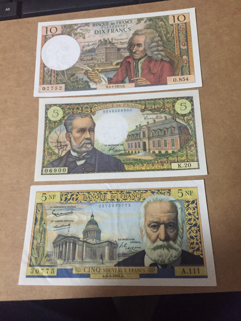 【收藏联盟】第129期拍卖——撒哈拉的黑珍珠（共50拍） 【一组3张】法国 5（新）法郎-10法郎 XF+ 品相 经典雨果、巴斯德、伏尔泰