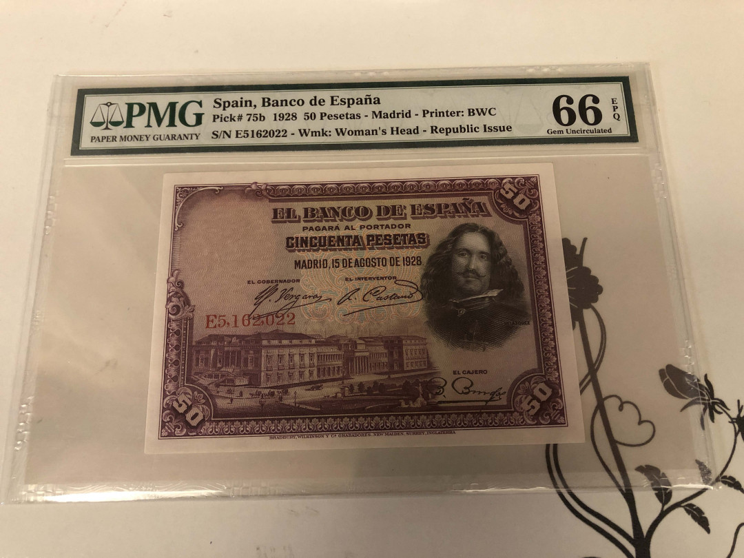 【收藏联盟】第129期拍卖——撒哈拉的黑珍珠（共50拍） 西班牙 1928年 50比塞塔 p75c PMG66EPQ 经典
