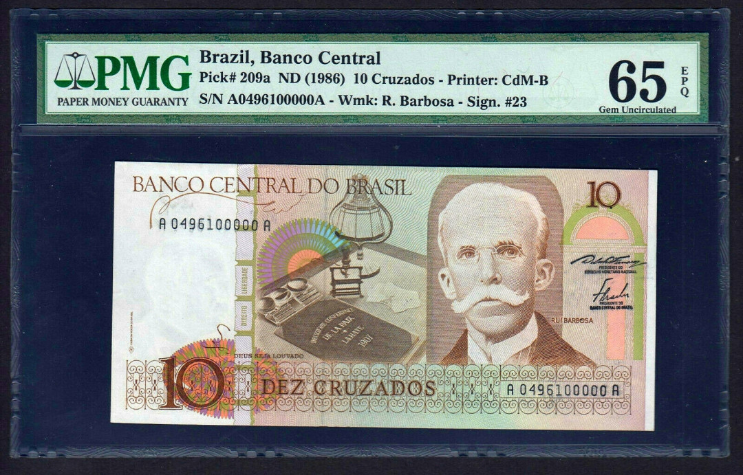 【收藏联盟】第129期拍卖——撒哈拉的黑珍珠（共50拍） 【老虎号00000】AA冠巴西 1986年 10克鲁塞罗 p209a PMG65EPQ