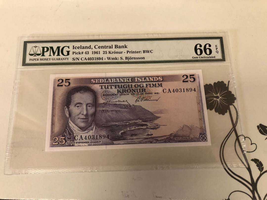 【收藏联盟】第129期拍卖——撒哈拉的黑珍珠（共50拍） 冰岛 1961年 25克朗 PMG66EPQ BWC出品p43