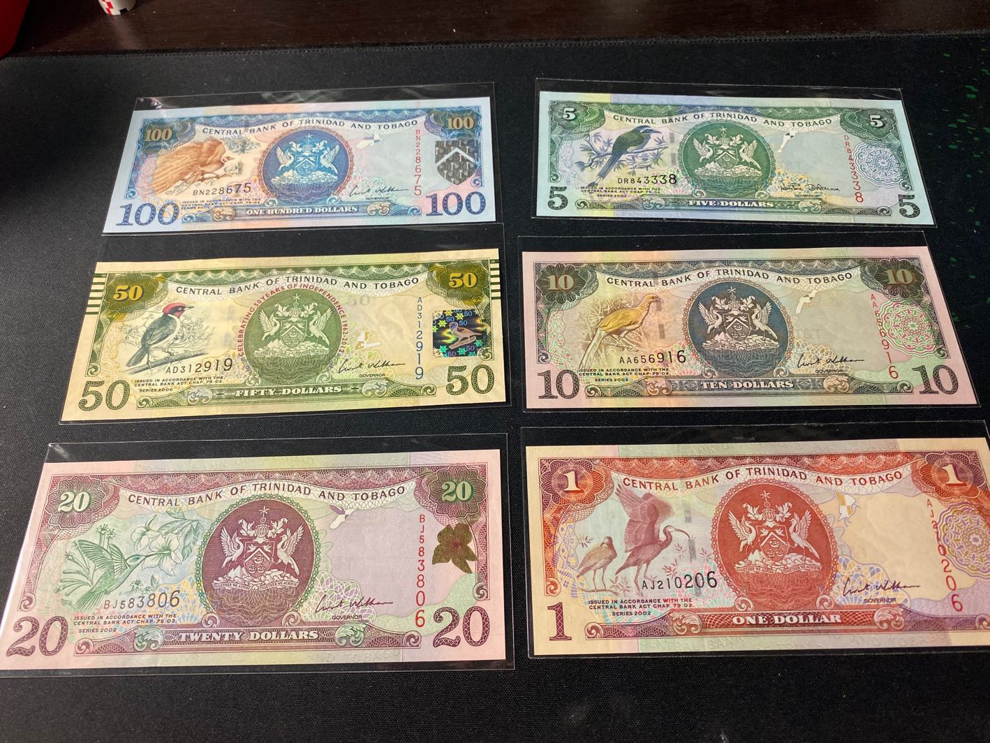 【收藏联盟】第129期拍卖——撒哈拉的黑珍珠（共50拍） 【一组6张】特立尼达和多巴哥 鸟版 1-100元 精美 全新UNC