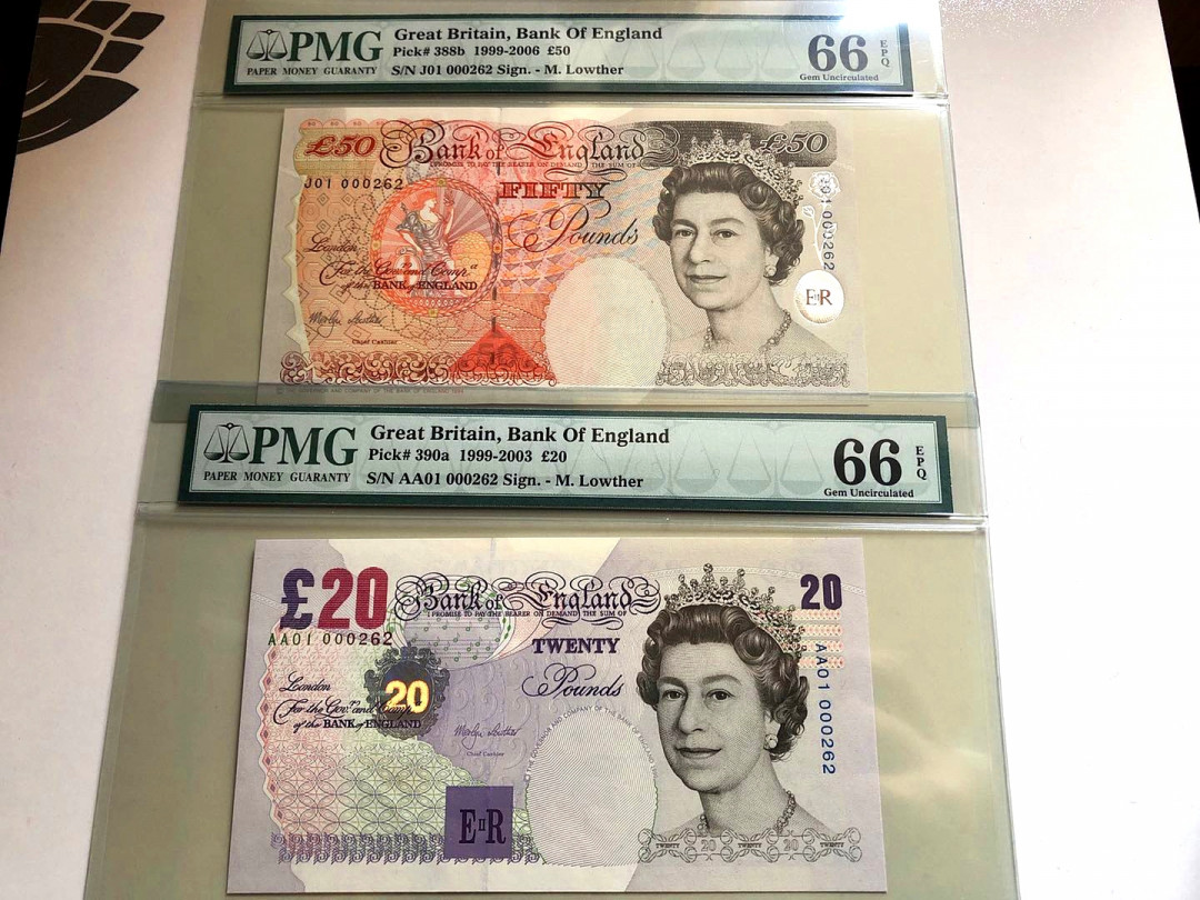 【收藏联盟】第129期拍卖——撒哈拉的黑珍珠（共50拍） 【首发冠全同262小号 小雷达号】英国 1999-2006年 5-10-20-50镑 PMG66EPQ 同分同号